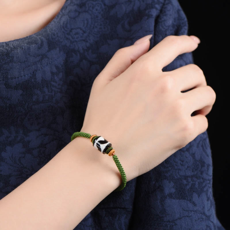 Nimara Ritual Handmade Tibetan Dzi Bead Protection Braided Green Rope Bracelet