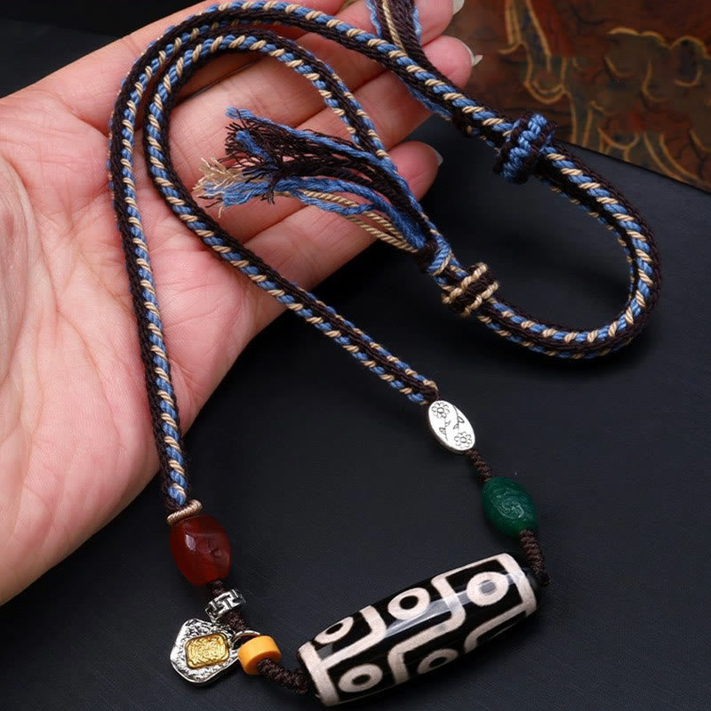 Nimara Ritual Tibetan Nine-eye Dzi Bead Protection Braided Rope Necklace Pendant
