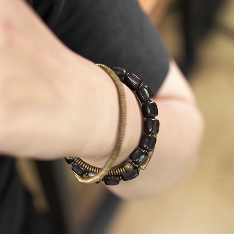 Nimara Ritual Vintage Peace Tibetan Ebony Wood Beads Copper Multilayered Healing Bracelet