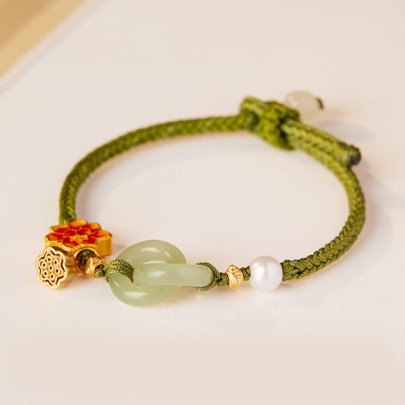 Nimara Ritual Hetian Jade Lotus Peace Buckle Braided Rope Fortune Bracelet