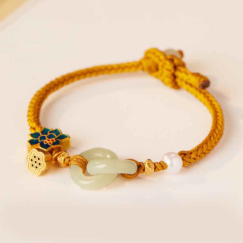 Nimara Ritual Hetian Jade Lotus Peace Buckle Braided Rope Fortune Bracelet