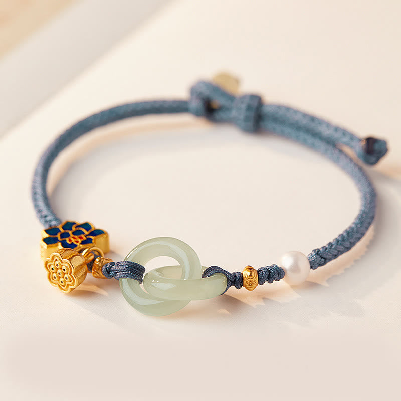Nimara Ritual Hetian Jade Lotus Peace Buckle Braided Rope Fortune Bracelet