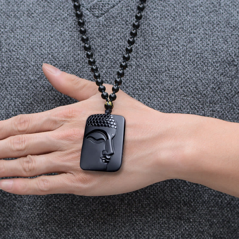 Nimara Ritual Natural Black Obsidian Buddha Prayer Purification Luck Pendant Necklace