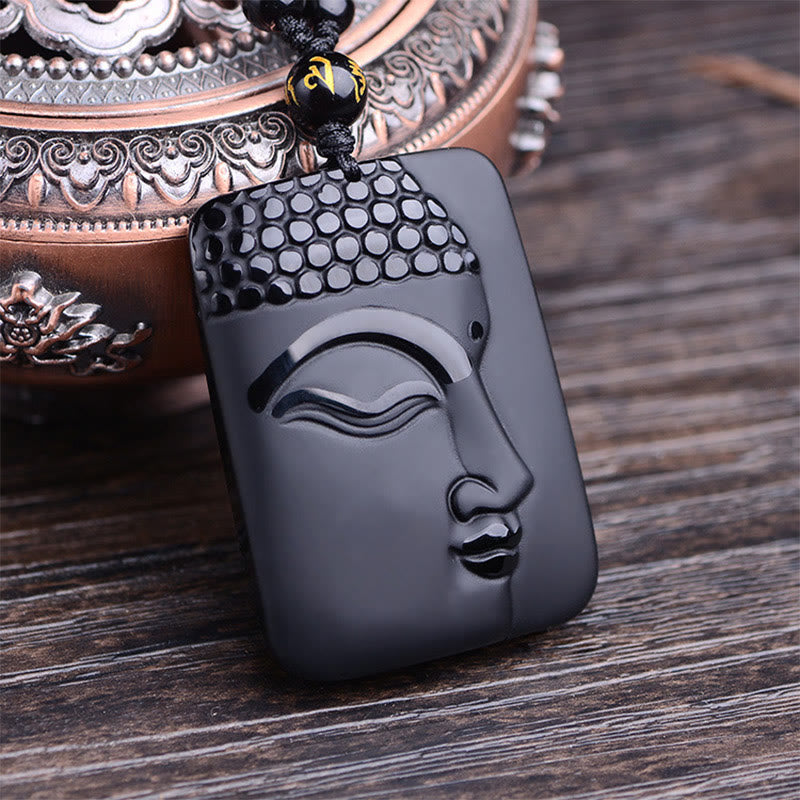 Nimara Ritual Natural Black Obsidian Buddha Prayer Purification Luck Pendant Necklace