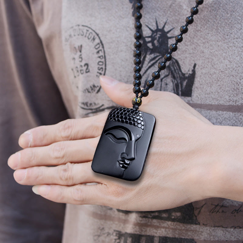Nimara Ritual Natural Black Obsidian Buddha Prayer Purification Luck Pendant Necklace