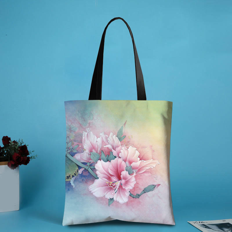 Nimara Ritual Large Capacity Handmade Canvas Ink Lotus Dragonfly Shoulder Bag Shopping Bag