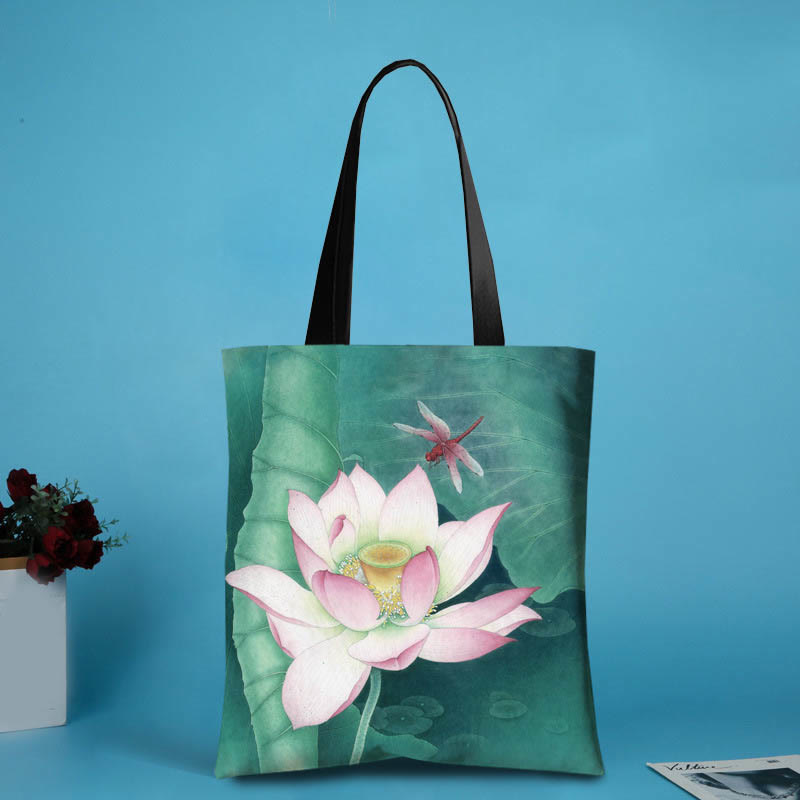 Nimara Ritual Large Capacity Handmade Canvas Ink Lotus Dragonfly Shoulder Bag Shopping Bag