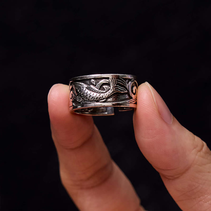 Nimara Ritual Koi Fish Heart Sutra Carved Design Luck Wealth Ring