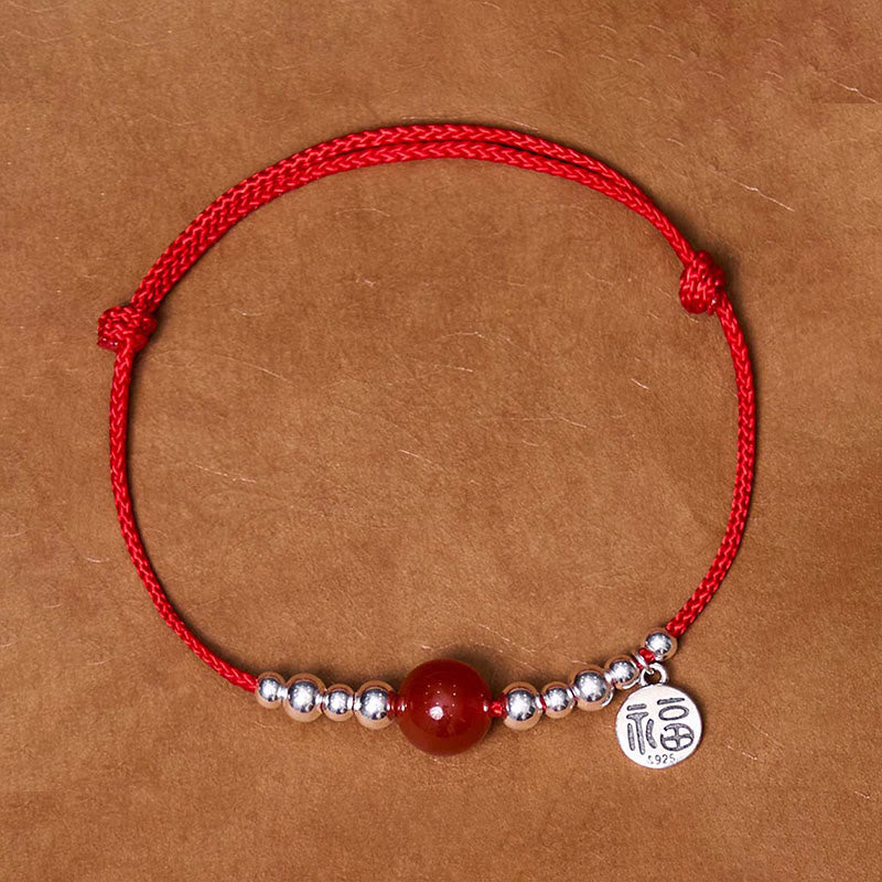 Nimara Ritual Handmade 925 Sterling Silver Fu Character Red Agate Fortune Braided Ultra-Thin Rope Bracelet
