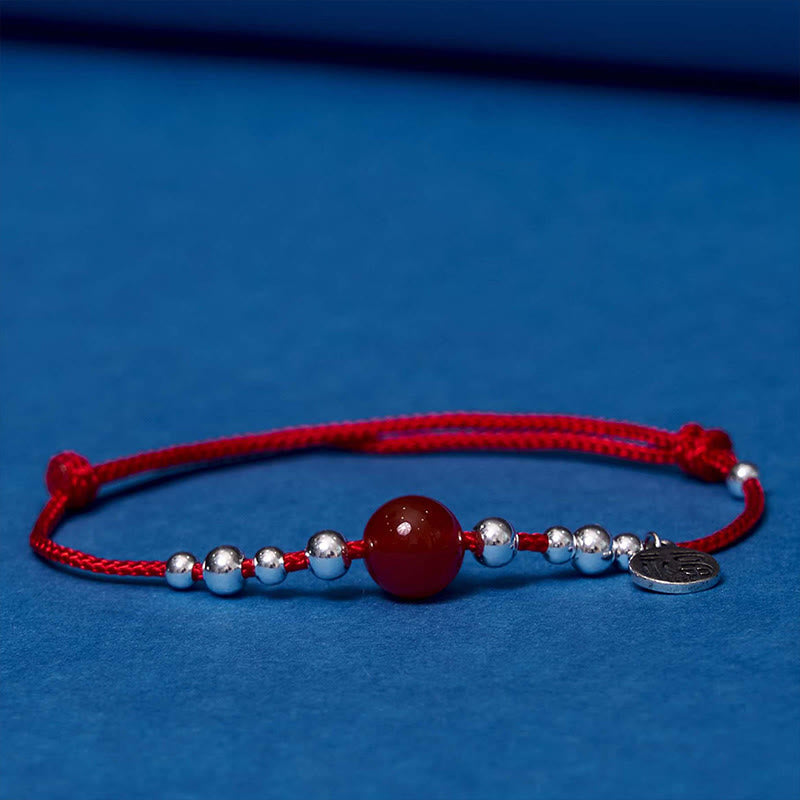 Nimara Ritual Handmade 925 Sterling Silver Fu Character Red Agate Fortune Braided Ultra-Thin Rope Bracelet