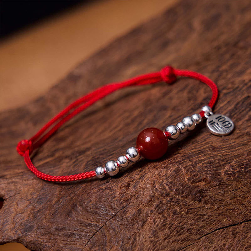 Nimara Ritual Handmade 925 Sterling Silver Fu Character Red Agate Fortune Braided Ultra-Thin Rope Bracelet