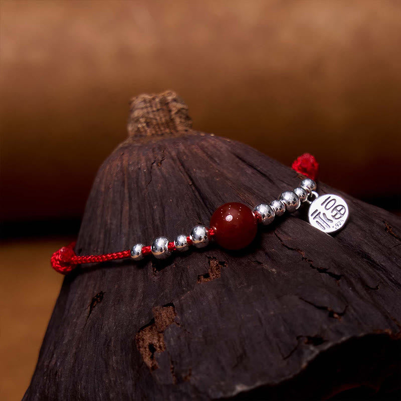 Nimara Ritual Handmade 925 Sterling Silver Fu Character Red Agate Fortune Braided Ultra-Thin Rope Bracelet