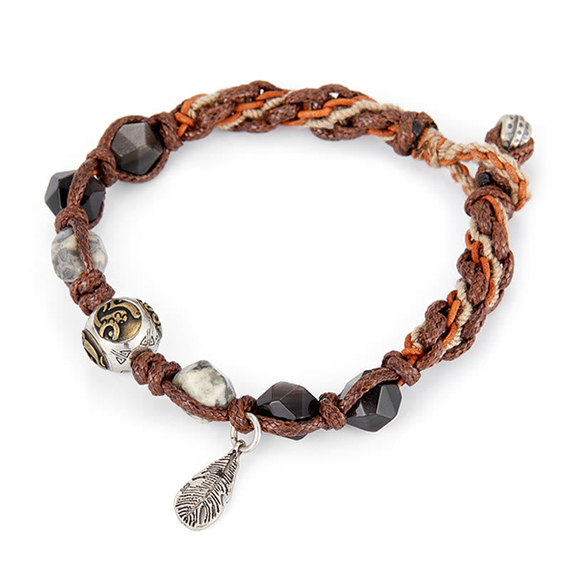 Nimara Ritual Retro 925 Sterling Silver Silver Sheen Obsidian Transport Rope Handmade Braided Bracelet