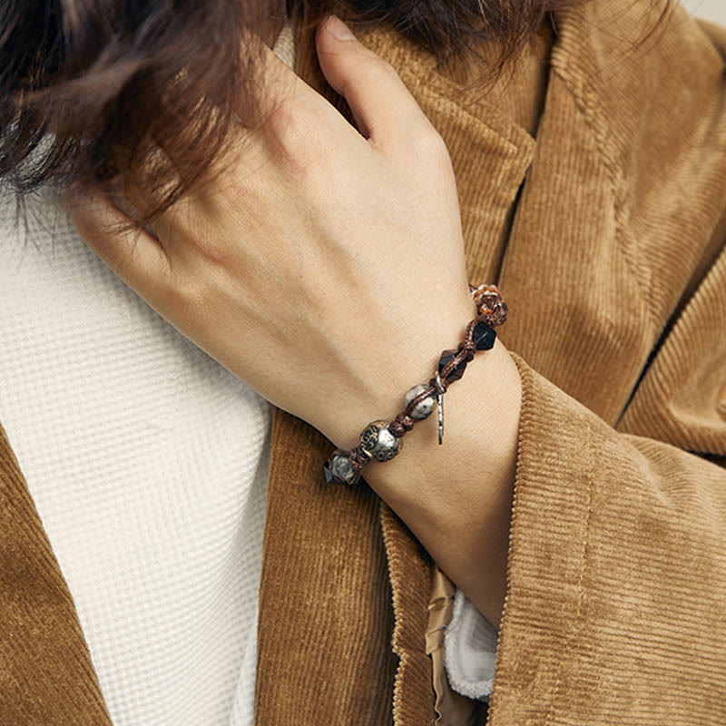 Nimara Ritual Retro 925 Sterling Silver Silver Sheen Obsidian Transport Rope Handmade Braided Bracelet
