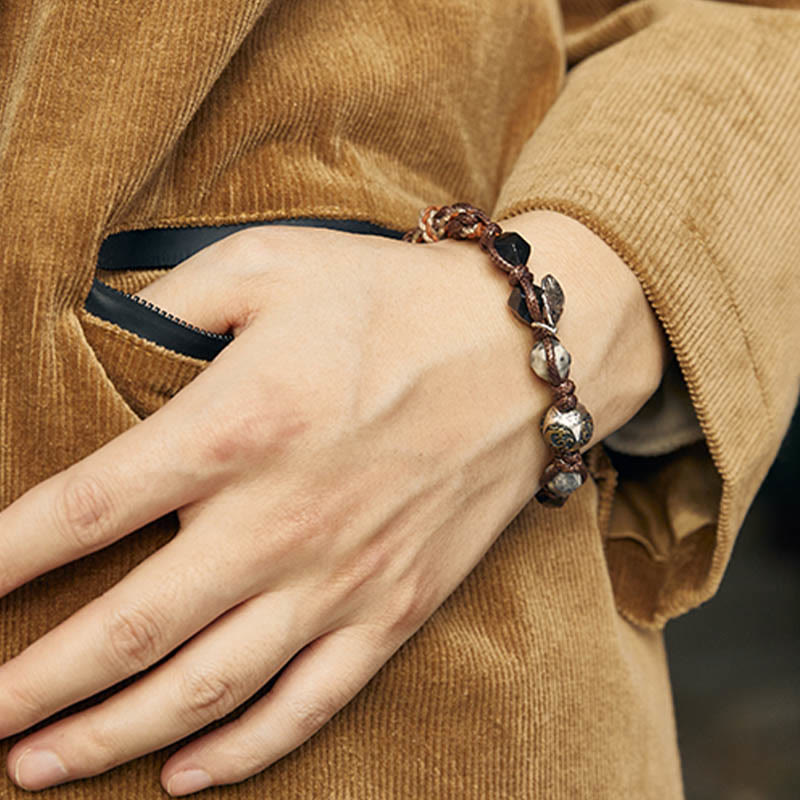 Nimara Ritual Retro 925 Sterling Silver Silver Sheen Obsidian Transport Rope Handmade Braided Bracelet