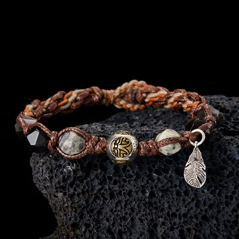 Nimara Ritual Retro 925 Sterling Silver Silver Sheen Obsidian Transport Rope Handmade Braided Bracelet