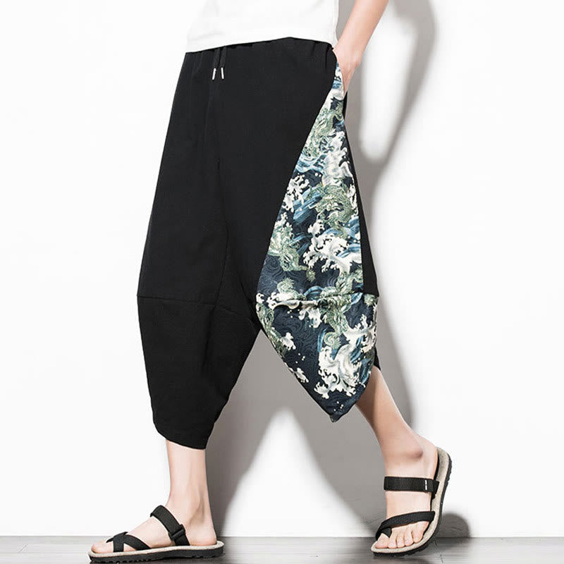 Nimara Ritual Green Waves Print Cotton Men's Cropped Harem Pants With Pockets