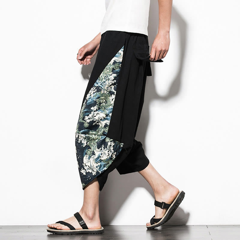 Nimara Ritual Green Waves Print Cotton Men's Cropped Harem Pants With Pockets