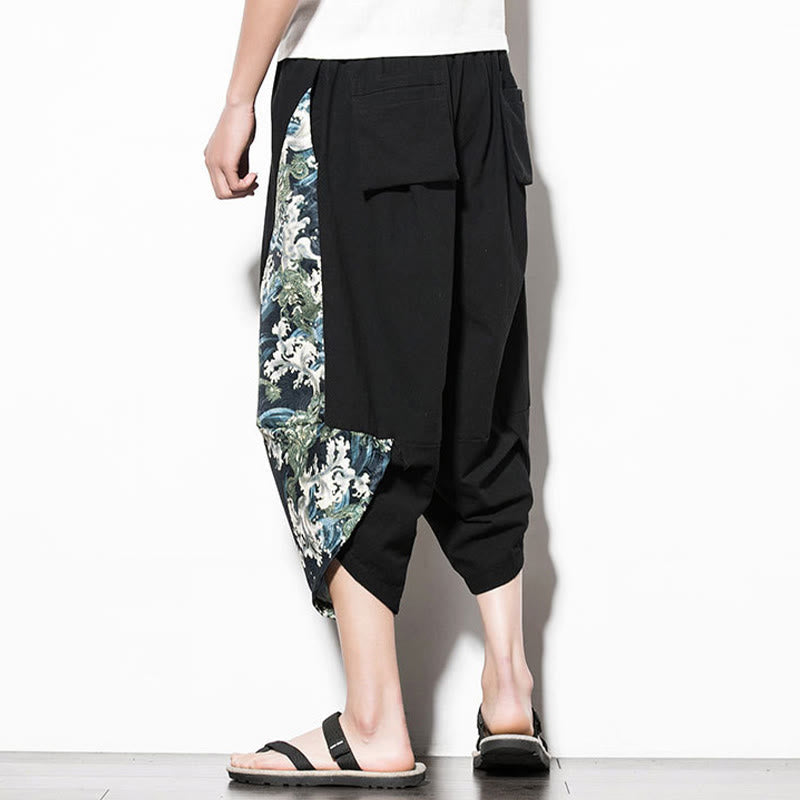 Nimara Ritual Green Waves Print Cotton Men's Cropped Harem Pants With Pockets