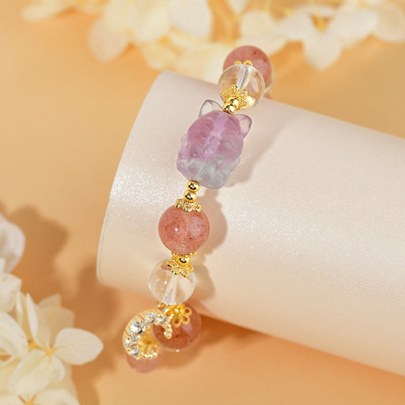 Nimara Ritual Natural White Strawberry Quartz Crystal Healing Love Nine Tailed Fox Moon Pendant Bracelet
