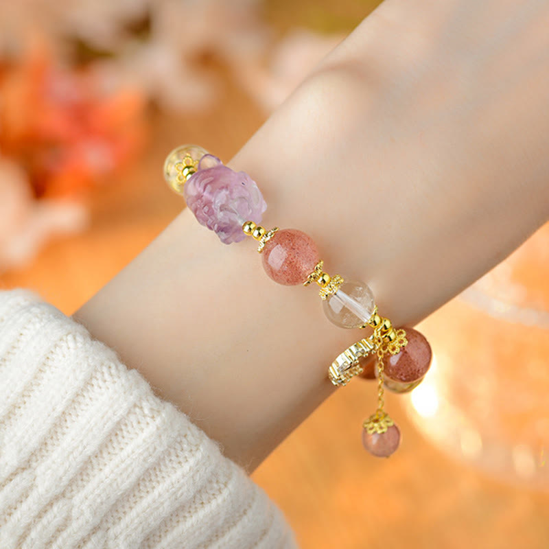 Nimara Ritual Natural White Strawberry Quartz Crystal Healing Love Nine Tailed Fox Moon Pendant Bracelet