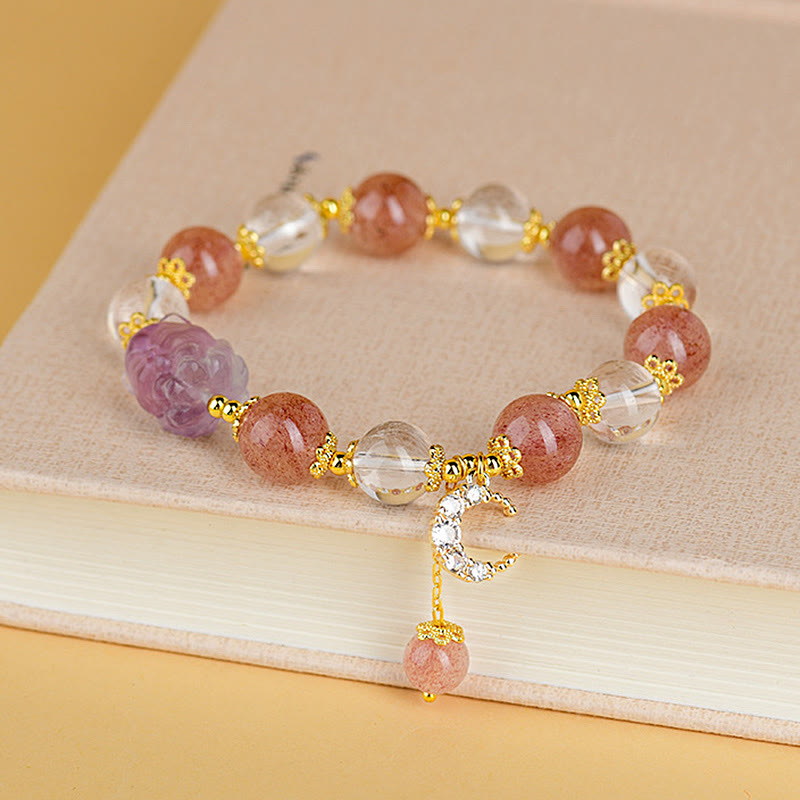 Nimara Ritual Natural White Strawberry Quartz Crystal Healing Love Nine Tailed Fox Moon Pendant Bracelet