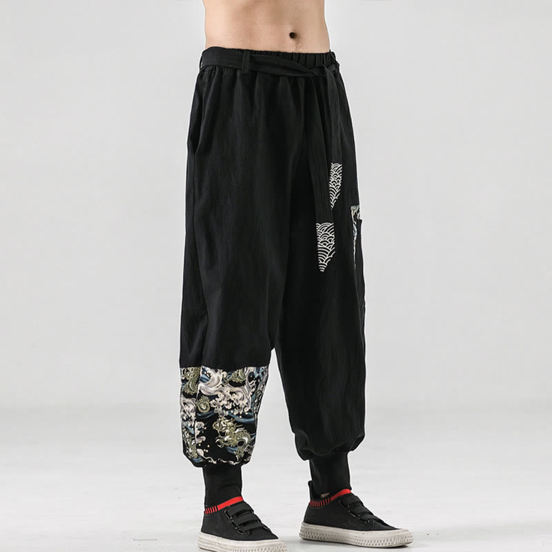 Nimara Ritual Ocean Waves Lace-up Men's Harem Pants With Pockets