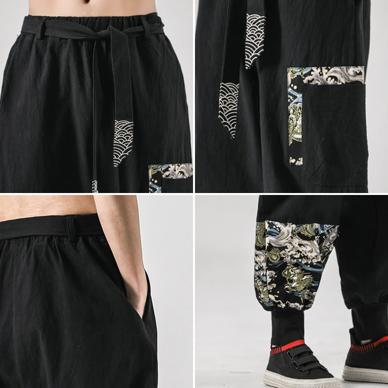 Nimara Ritual Ocean Waves Lace-up Men's Harem Pants With Pockets