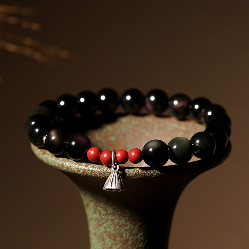 Nimara Ritual Natural Black Obsidian Cinnabar Lotus Charm Strength Fulfillment Bracelet