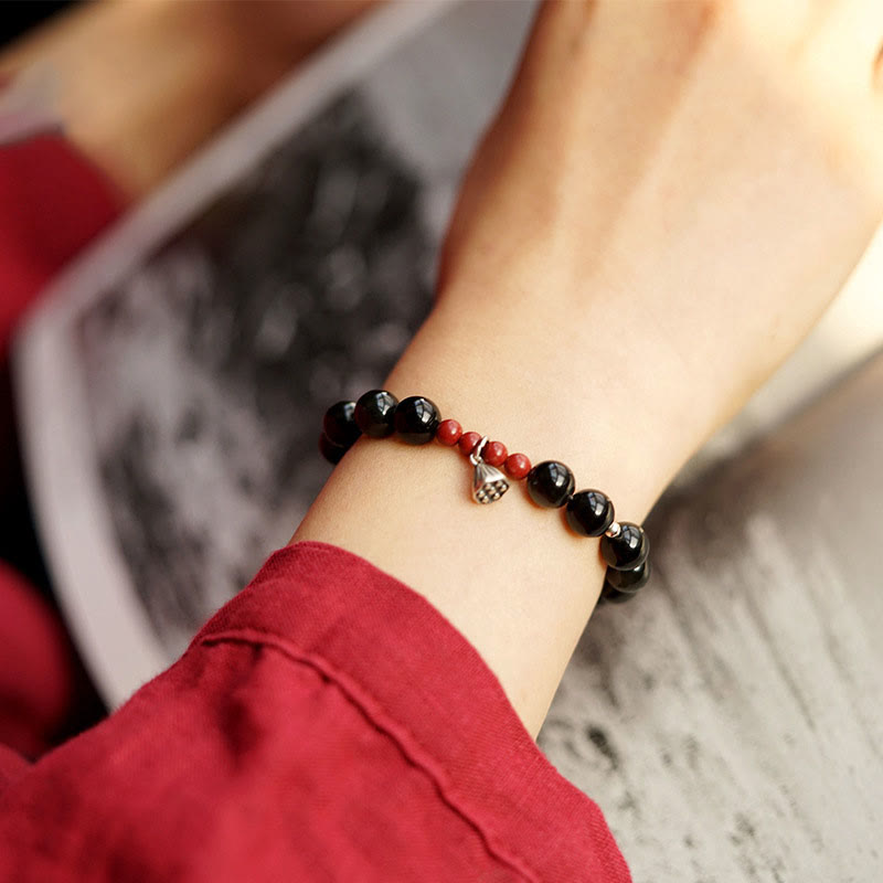 Nimara Ritual Natural Black Obsidian Cinnabar Lotus Charm Strength Fulfillment Bracelet
