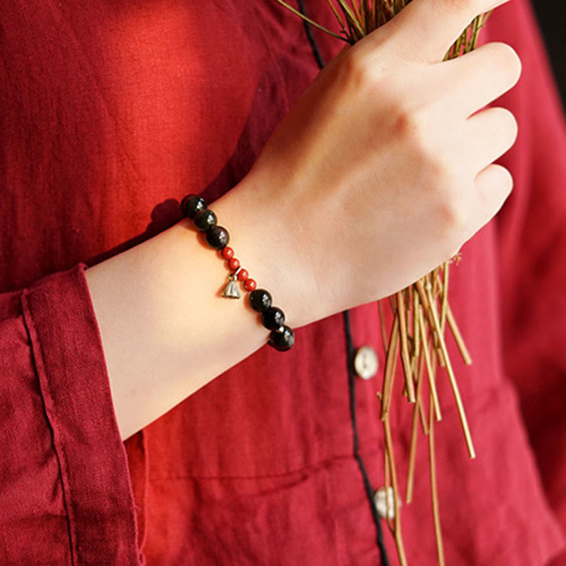Nimara Ritual Natural Black Obsidian Cinnabar Lotus Charm Strength Fulfillment Bracelet