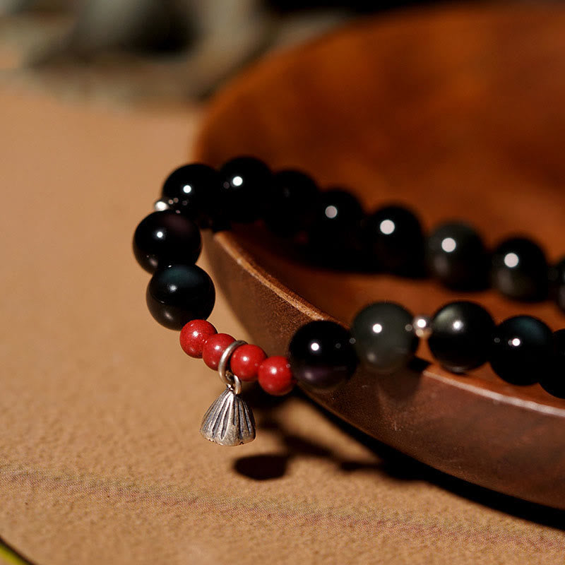 Nimara Ritual Natural Black Obsidian Cinnabar Lotus Charm Strength Fulfillment Bracelet