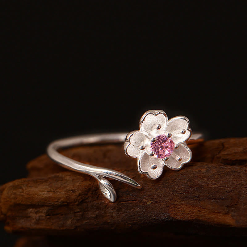 Nimara Ritual 925 Sterling Silver Cherry Blossom Sakura Flower Blessing Adjustable Ring