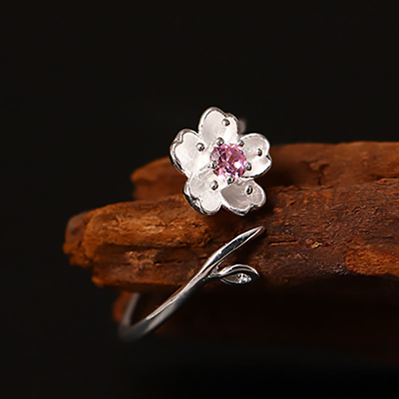 Nimara Ritual 925 Sterling Silver Cherry Blossom Sakura Flower Blessing Adjustable Ring