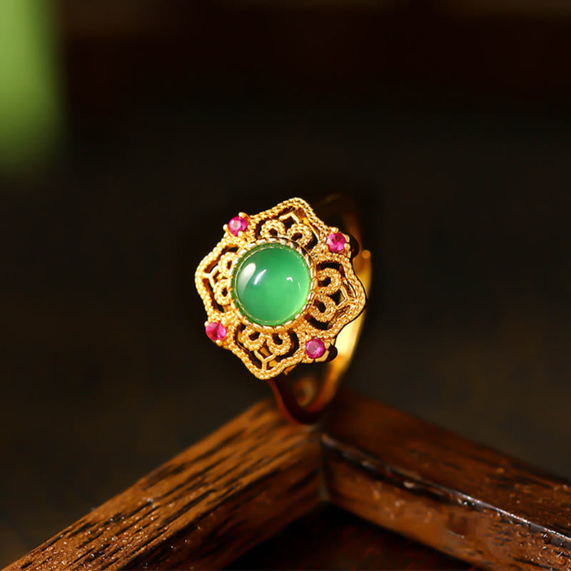 Nimara Ritual Green Chalcedony Hollow Pattern Strength Adjustable Ring