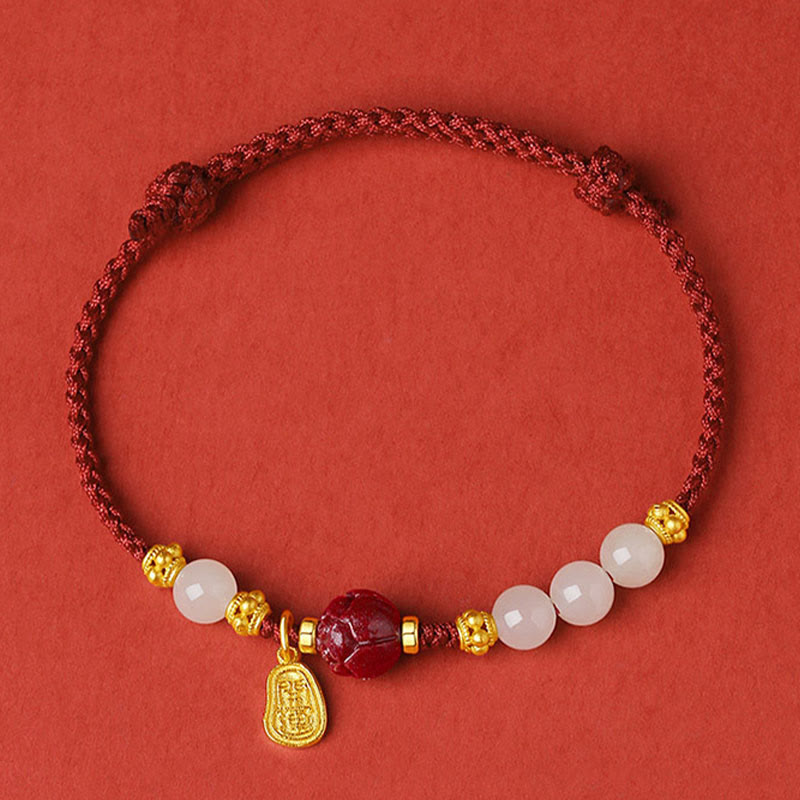 Nimara Ritual Fu Character Jade Cinnabar 24K Gold Plated Luck Red String Bracelet
