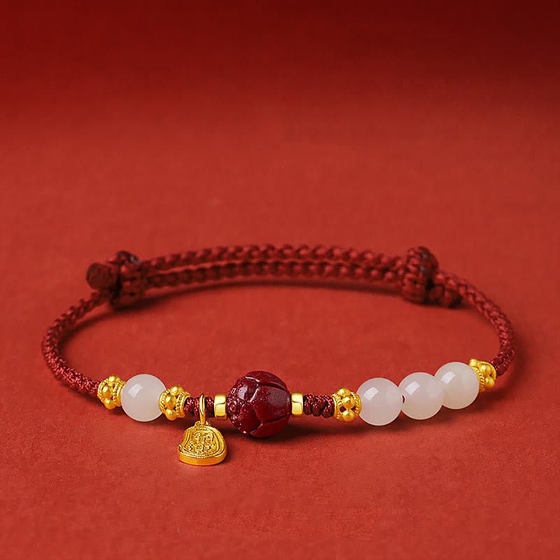 Nimara Ritual Fu Character Jade Cinnabar 24K Gold Plated Luck Red String Bracelet
