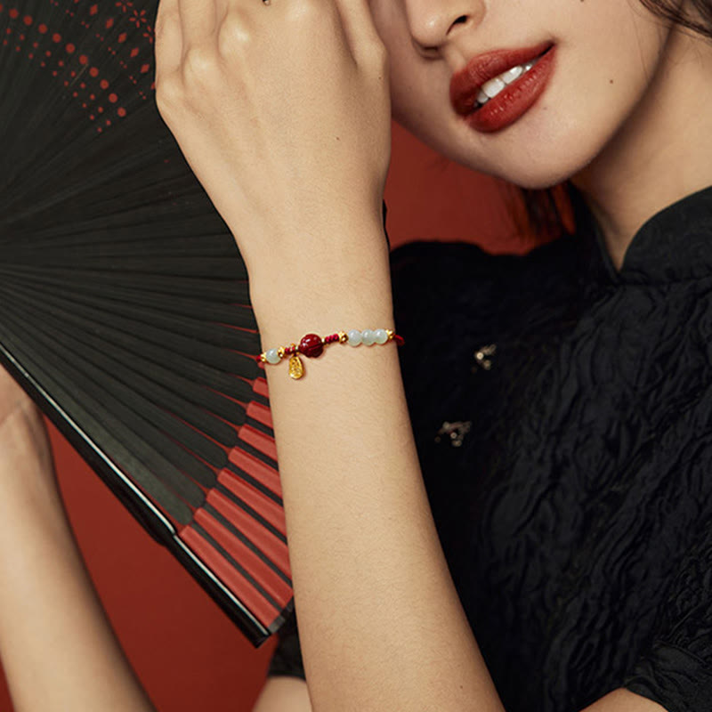 Nimara Ritual Fu Character Jade Cinnabar 24K Gold Plated Luck Red String Bracelet