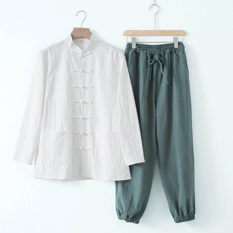 Nimara Ritual Meditation Frog-Button Tang Long Sleeve Shirt Pants Men's Suit