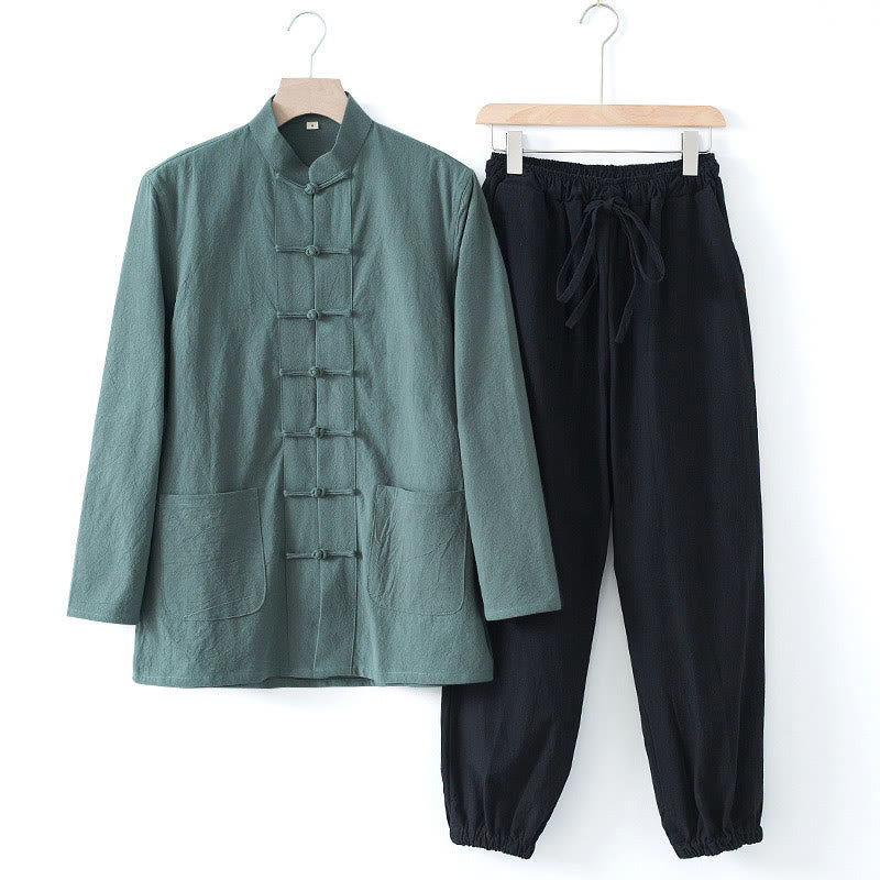 Nimara Ritual Meditation Frog-Button Tang Long Sleeve Shirt Pants Men's Suit