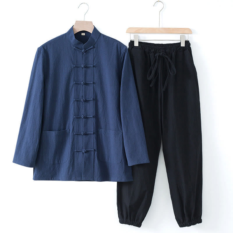Nimara Ritual Meditation Frog-Button Tang Long Sleeve Shirt Pants Men's Suit
