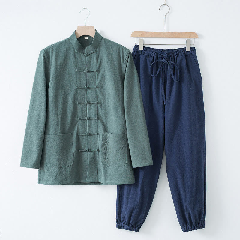 Nimara Ritual Meditation Frog-Button Tang Long Sleeve Shirt Pants Men's Suit