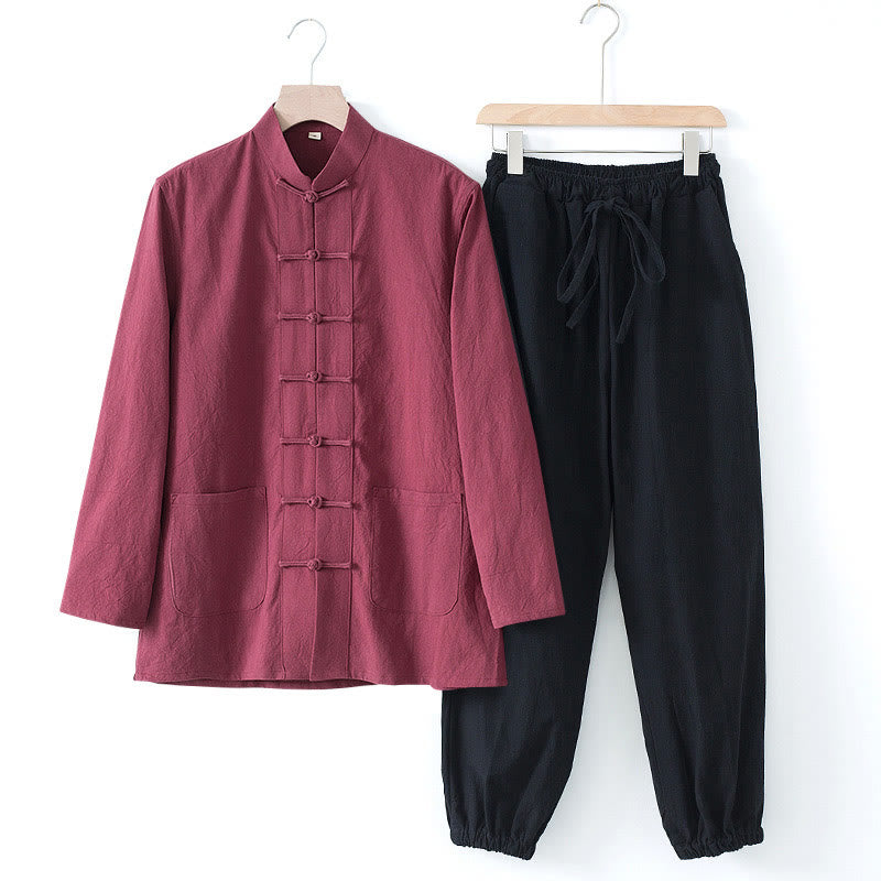 Nimara Ritual Meditation Frog-Button Tang Long Sleeve Shirt Pants Men's Suit