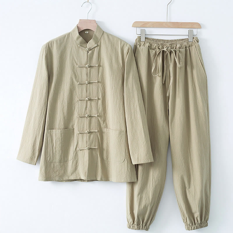 Nimara Ritual Meditation Frog-Button Tang Long Sleeve Shirt Pants Men's Suit