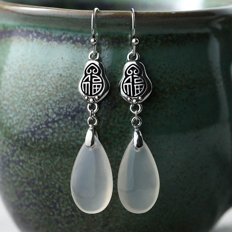 Nimara Ritual 925 Sterling Silver Posts Natural Chalcedony Fu Character Positive Harmony Earrings