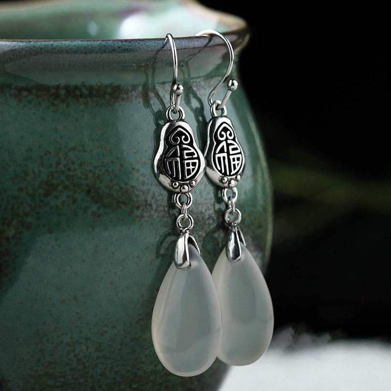 Nimara Ritual 925 Sterling Silver Posts Natural Chalcedony Fu Character Positive Harmony Earrings