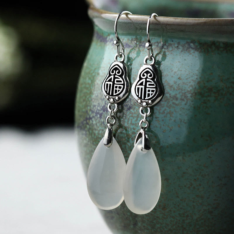 Nimara Ritual 925 Sterling Silver Posts Natural Chalcedony Fu Character Positive Harmony Earrings