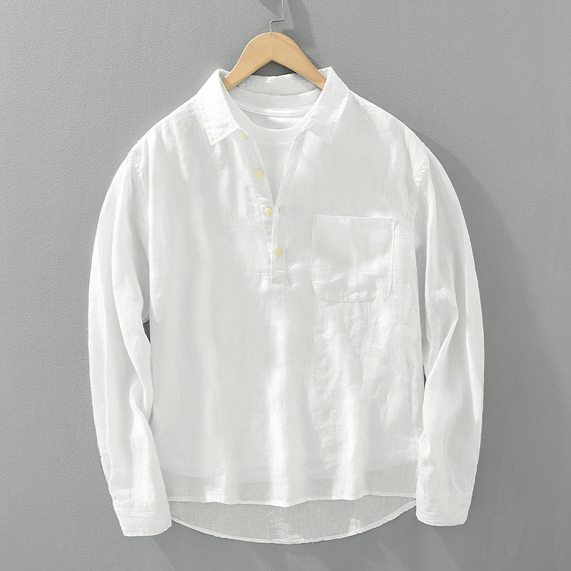 Nimara Ritual Solid Color Loose Long Sleeve Half Button Shirt Linen Men Clothing