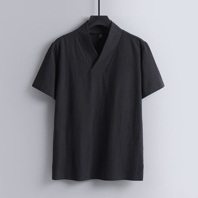 Nimara Ritual Loose Men's T-Shirt Solid Color Top Short Sleeve V Collar Breathable Cotton Linen Shirt