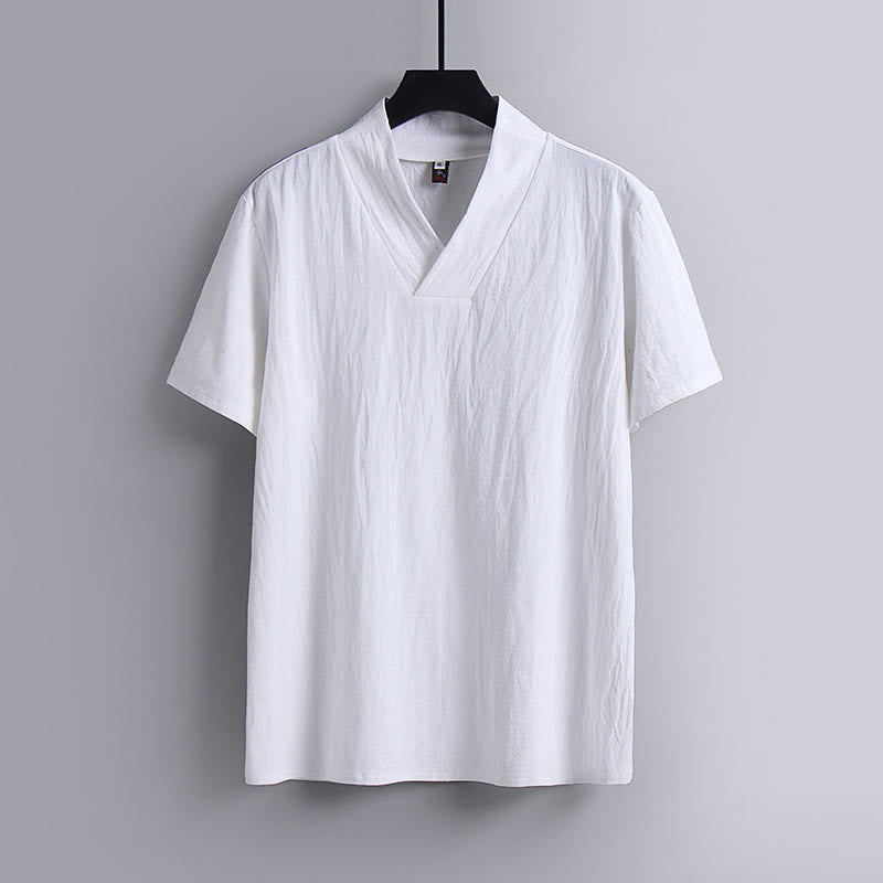Nimara Ritual Loose Men's T-Shirt Solid Color Top Short Sleeve V Collar Breathable Cotton Linen Shirt
